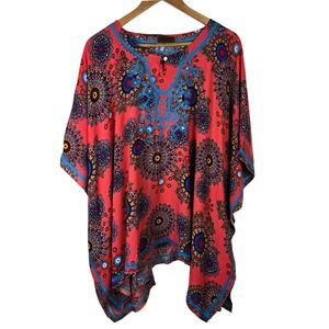 Treska Womens One Size Coral Blue Kaftan Cover Up Tunic‎ Top Blouse